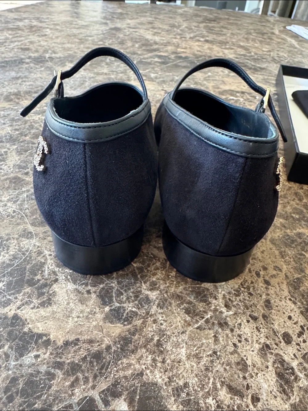 Chanel 24k black suede patent cap toe ballet ballerina Mary Jane flats sz 39